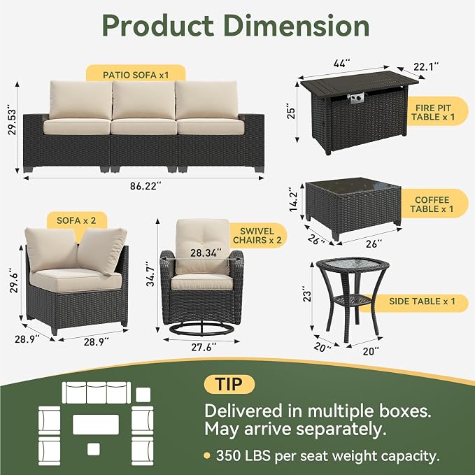 Aoxun 10-Piece Patio Furniture Set with 44” Fire Pit Table, Widen Armrests Wicker Rattan Outdoor Sectional Sofa with Swivel Chairs, Outdoor Patio Furniture Set with Thick Cushions & Ottoman, Beige