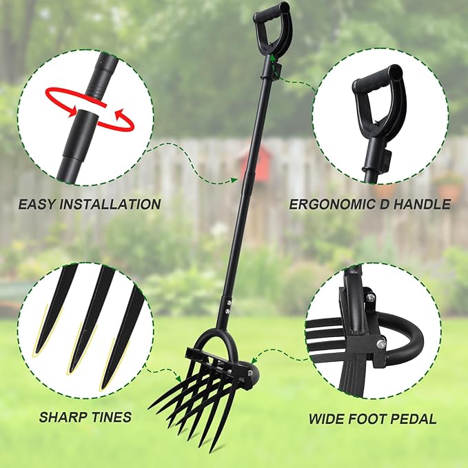 Broad Fork Garden Tool, 63” Heavy Duty Broadfork Hand Tiller with Double 5+4 Sharp Tines, Garden Pitchfork with Ergonomic D-Shaped Handle, Spading Digging Fork for Compost Soil Cultivating Loosening