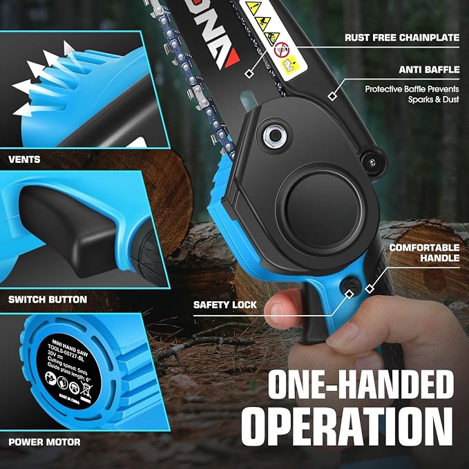 DNA MOTORING Mini Chainsaw, 6 Inch Electric Chainsaw Cordless Handheld Chainsaw with 2 20V 2000mAh Batteries, Small Chainsaw Electric Saw for Tree Trimming, Wood Cutting, Blue, TOOLS-00727-BL