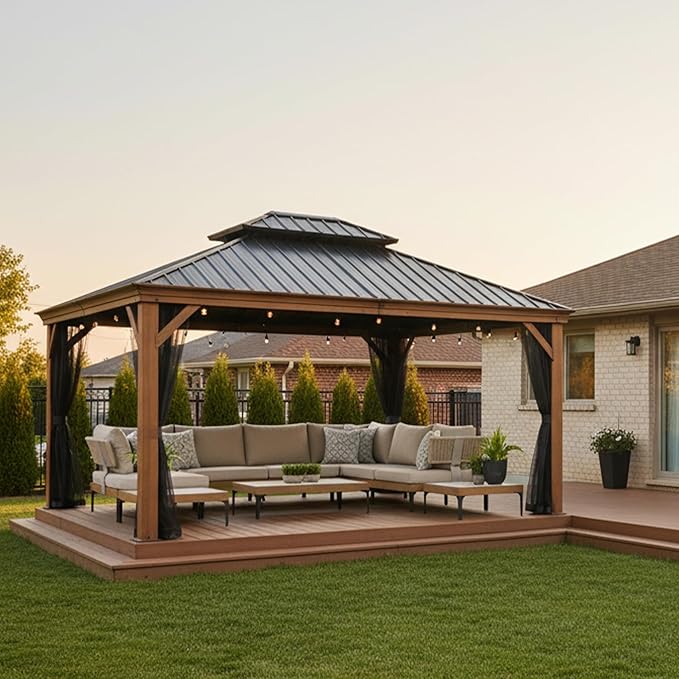 PURPLE LEAF 14' X 16' Outdoor Hardtop Gazebo for Patio Galvanized Steel Double Roof Permanent Canopy Teak Finish Coated Aluminum Frame Pavilion Gazebo with Netting