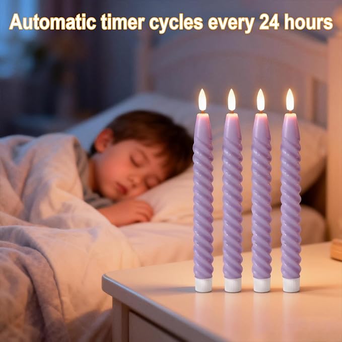 Purple Flameless Taper Candles Real Wax Flickering with Remote Timer, Gentle Lavender LED Spiral Candles Battery Operated 6 Pack 9.8 inch, Wedding Birthday Home Party Holiday Dinner Decor