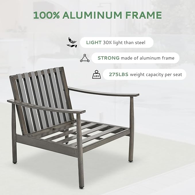 4 Pieces Patio Furniture Set, Aluminum Outdoor Patio Furniture Sets, 2 Armchairs and 3 Seater Couch with Thick Cushion, Patio Conversation Set for Backyard Deck Poolside, Greige & Grey