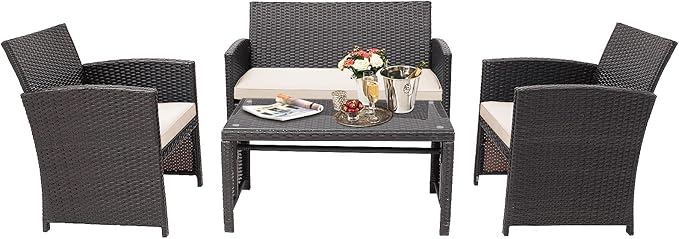 HAPPYGRILL Set of 4 Rattan Conversation Set Outdoor Wicker Furniture Set with Tempered Glass Coffee Table, Soft Cushions, Weather-Resistant Rattan Chair Set for Garden Backyard Poolside