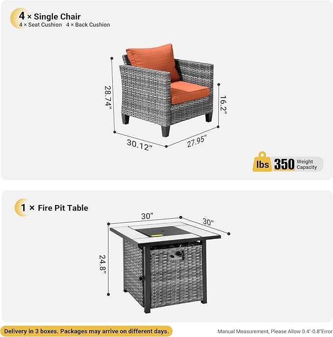 ovios 5 Pieces Patio Furniture Set, Outdoor Wicker Rattan Chairs of 4 with 30" Fire Pit Table, High Back Chair Conversation Sets for Porch Deck Garden, Orange Red