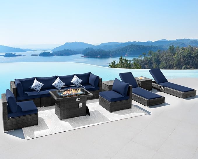NICESOUL 11-Piece Patio Furniture with Chaise Lounge, Modern Wicker Outdoor Sectional with Fire Pit, Comfortable 29.3'' High-Back Conversation Seating, Heavy Duty All-Weather Couch Set, Grey & Blue