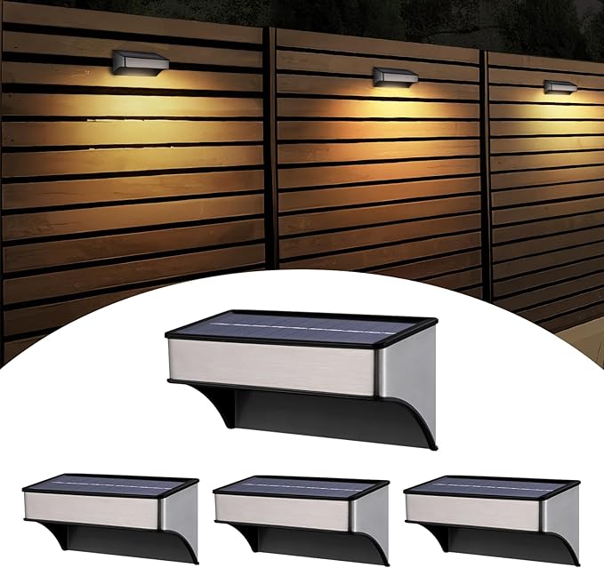 Solar Deck Lights 4 Pack Outdoor Waterproof - Step Lights for Stairs & Fence, 8 Color Changing Security Lighting with Auto On/Off, Wall Lights for Patio/Yard/Pathway (Warm/Cool White + RGB)