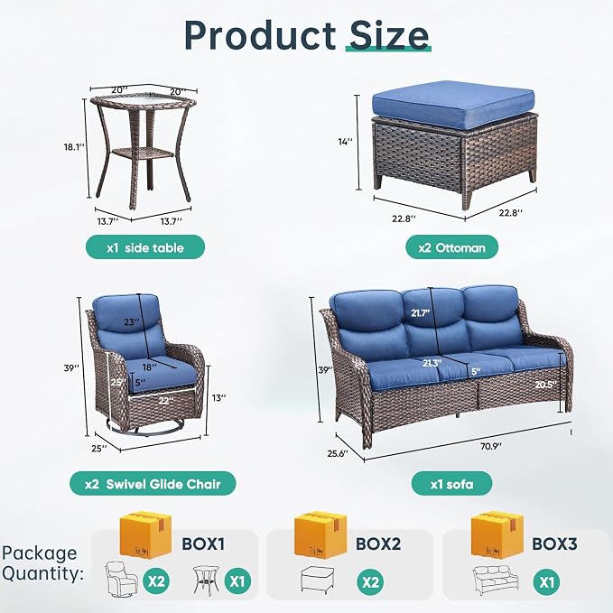 Outdoor Swivel Rocker Patio Chairs Set of 6 with Fire Table - 5" Thick Cushion 6 Piece Furniture Set with Fire Pit Table All Weather Wicker Conversation Set for Porch Deck Brown Wicker | Blue Cushions