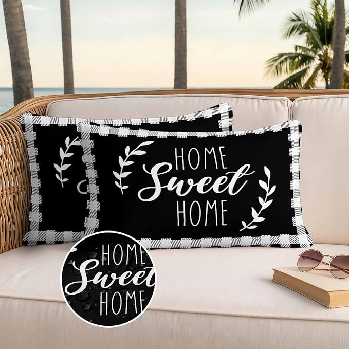 Home Sweet Home Waterproof Outdoor Pillow Covers Set of 2 Home Decor, Leaves Black Buffalo Plaid Lumbar Pillowcase Patio Pillow Covers for Couch Bench Patio Furniture Garden 20x12in