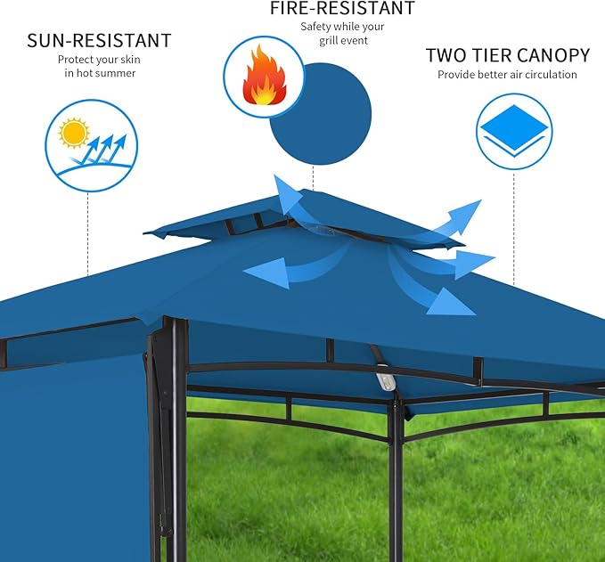 FAB BASED 5x8 Grill Gazebo with Extra Awning, All-Weather Steel Construction, Double Tiered & Resistant Canopy Roof, Metal Serving Shelves, 2 LED, Bottle Opener for Patio, Backyard, BBQ (Blue)