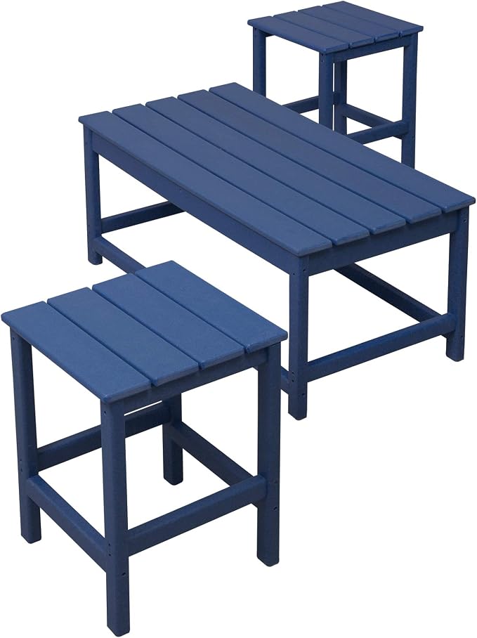 WO Home Furniture HDPE 2pcs Side and 1pc Coffee Table for Adirondack Chair, Weather and UV Resistant for Outdoor, Patio, Backyard, Porch, Garden, Navy Blue