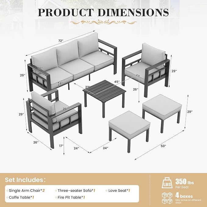 UDPATIO Aluminum Outdoor Furniture Set with 2 Ottomans, 7 Pieces All-Weather & UV-Resistant Patio Sectional Sofa Set for Deck, Backyard, Poolside, Light Gray