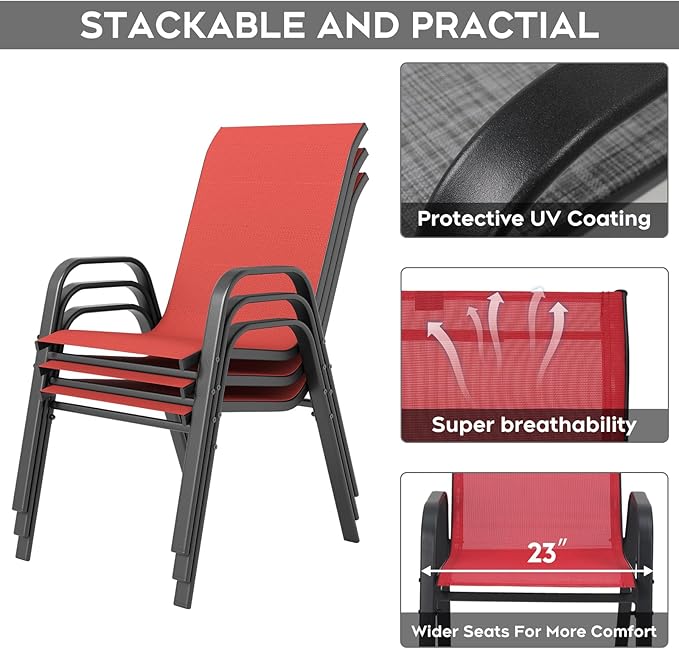 Outdoor Dining Set for 4,5pcs Patio Table and Chairs Set with Adjustable Umbrella Hole,Heavy Duty 37.8”x37.8” Metal Dining Table and Stackable Patio Chair for Yard, Garden, Porch