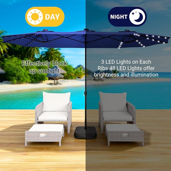 LEVELEVE 15FT Large Patio Patio Umbrella with Base & Solar LED Lights - Double-Sided,Blue