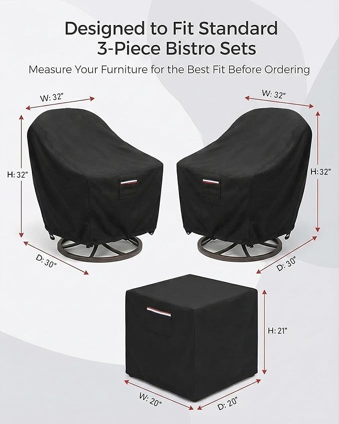 Patio Furniture Covers Set for 3-Piece Bistro Sets, Heavy-Duty 600D Waterproof Outdoor Furniture Covers for 2 Chairs & Coffee Table, UV Resistant, All-Season Protection for Patio, Porch Backyard,Black