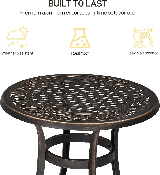 VINGLI 24” Cast Aluminum Outdoor Side Table, All Weather Round Patio Coffee Table Porch Table Bistro Table End Table Bronze 24'' Round Table