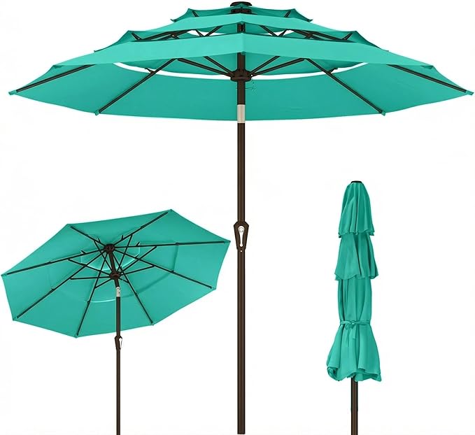 Kingdura 9ft 3-Tier Patio Umbrella, Outdoor Table Umbrella with Easy Crank & Tilt, 8 Reinforced Ribs, UV Protection for Deck, Pool, Market, Backyard (Tiffany blue)