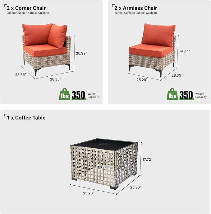 5 Piece Outdoor Patio Furniture with Glowing Coffee Table, Rattan Wicker Conversation Set with Sofa, Sectional Single Chairs for Outside Porch Balcony Backyard Pool,Orange