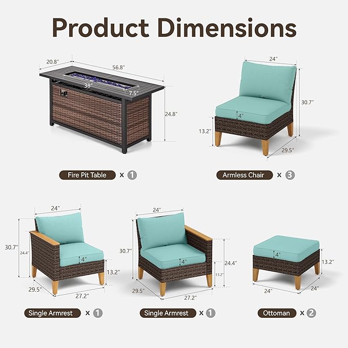GREEN PARTY 7 Pieces Wicker Patio Furniture Set with 56" Fire Pit Table, All-Weather Outdoor Rattan Patio Sectional Sofa Conversation Set with 4" Thick Cushions for Backyard, 2 x Ottomans (Blue)