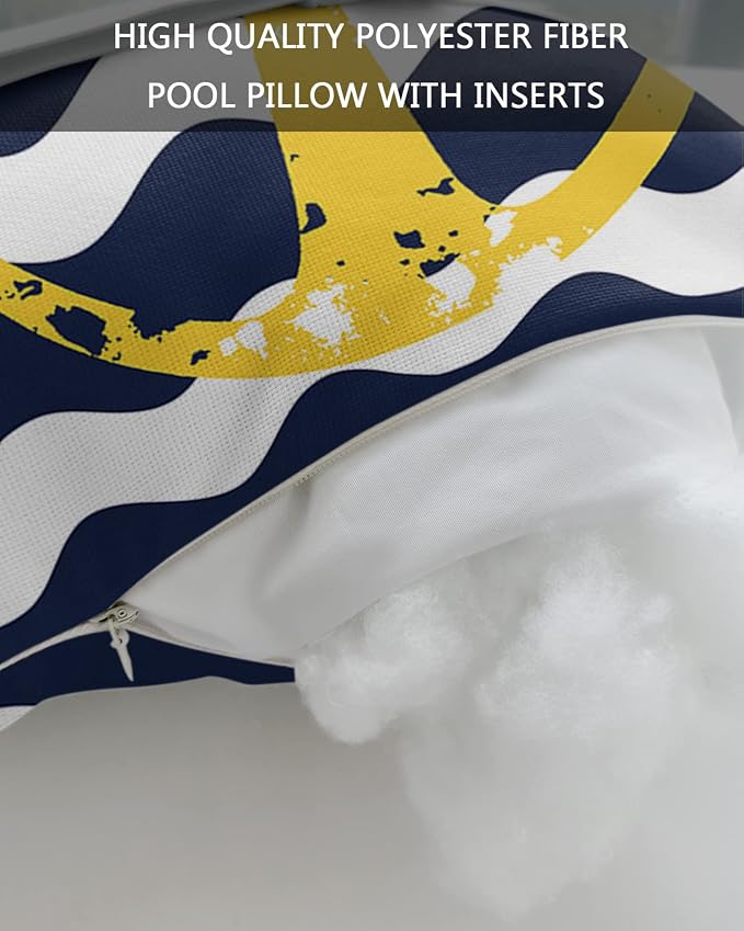 Outdoor Pillows Covers with Inserts Navy Blue Wave Stripes Yellow Nautical Anchor Waterproof Recliner Pillow with Adjustable Strap Throw Pillows for Patio Furniture Pool Lounge Chair, 11x16 inch, 1PCS