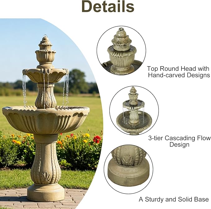 Naturefalls 48" Water Fountain Outdoor - Large Waterfall Fountain Outside, 3-Tiers Cascading, Fiber Reinforced Concrete, Indoor and Outdoor Fountain for Garden, Patio, Backyard, Lawn, Yard Decor