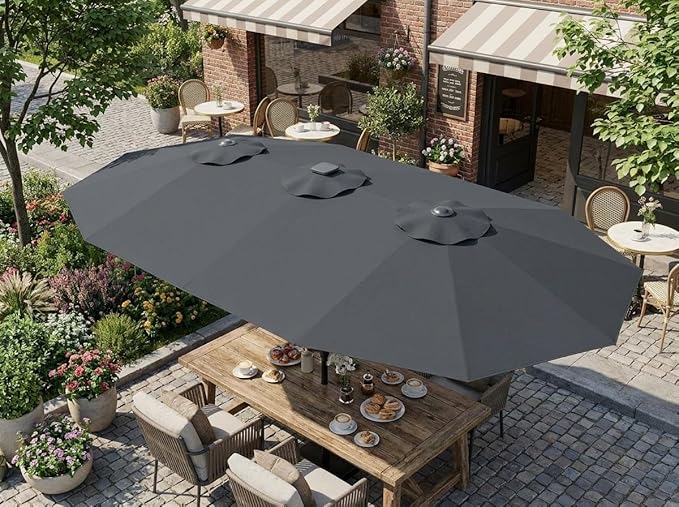 GarveeLife 15 ft Large Patio Umbrella with Lights, 36 LED Lights Double-sided Patio Umbrella with Weighted Base for Poolside Garden Backyard