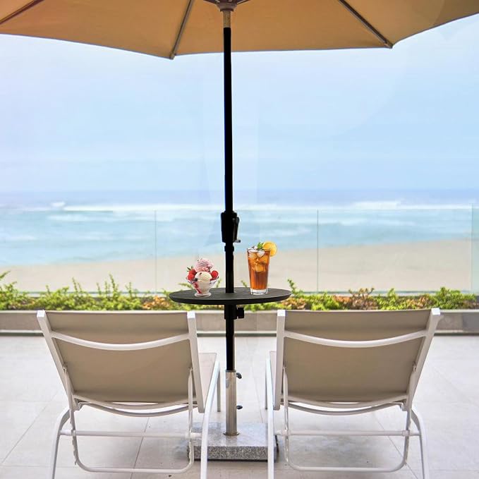 Outdoor Adjustable Umbrella Table Tray, 20” Round Outdoor Umbrella Table with Hole, Portable Patio Beach Umbrella Table Tray Fit 1.5" Umbrella Pole for Poolside, Backyard, Garden, Black