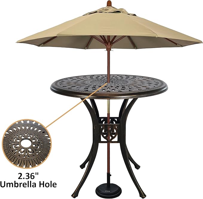 30.7" Outdoor Round Cast Wrought Aluminum Patio Metal Dining Table with Umbrella Hole, Cast Aluminum Frame Bistro Table for Backyard Lawn Balcony Deck, Bronze