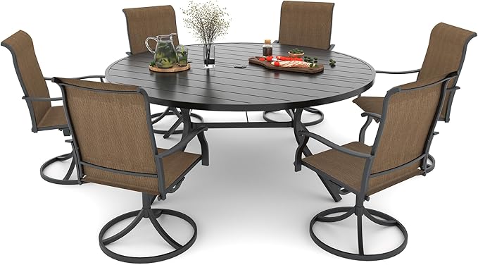 Anmutig 7-Piece Outdoor Dining Set, 58'' Round Table with 6 Swivel Chairs All Weather Furniture Set - Brown Style1