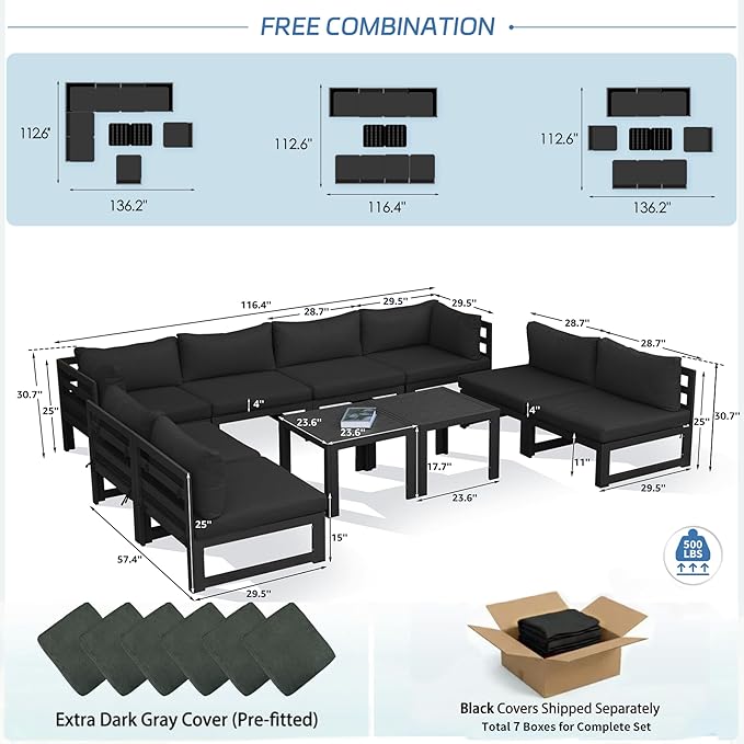 NICESOUL 10 Piece Oversized Modular Aluminum Outdoor Furniture Set, 29" Deep Wide Sectional Seating, 500 lbs High Weight Capacity Weather Resistant Patio Conversation Set for Backyard Poolside, Black