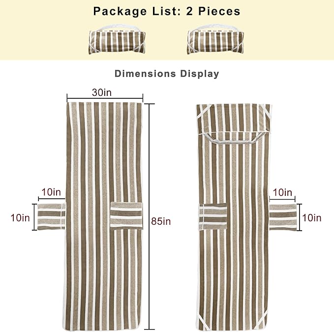 Lounge Chaise Chair Towel Cover, Pack of 2,Ultra Plush & Absorbent Micro Fleece Towel Cover for Pool,Beach,Outdoor(Garden,Courtyard) | Faster Drying,Non-Slip, 2 Side Pockets | 85" x 30"-Brown