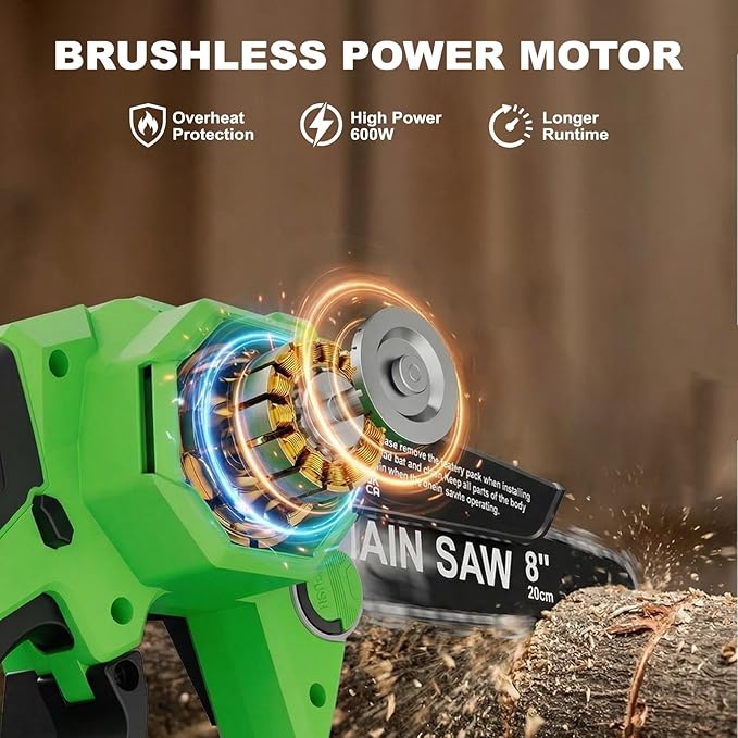 8-Inch Mini Chainsaw with 2Pcs Batteries&Charger, Brushless Cordless Chainsaws with Auto-Oiler, Electric Chain Saw Perfect Gardening Tools for Wood/Trees Pruning, Gifts for Men Women