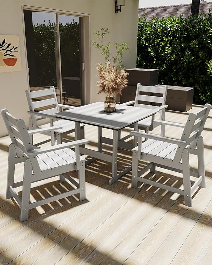 GREENVINES 5-Piece-Outdoor-Dining-Set | HDPE | Square | Patio Furniture | All Weather | Removable Armrests | Slatted Table and Chairs Sets for 4 | for Backyard Poolside Garden | White