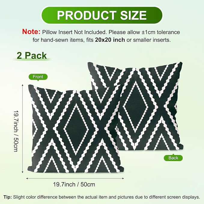 M METERXITY 2-Pack Boho Pillow Cover 20x20 Linen, Black White Stripe | Water Resistant Boho Geometric Slipcover, for Patio, Balcony, Garden, Decor Pillow Case