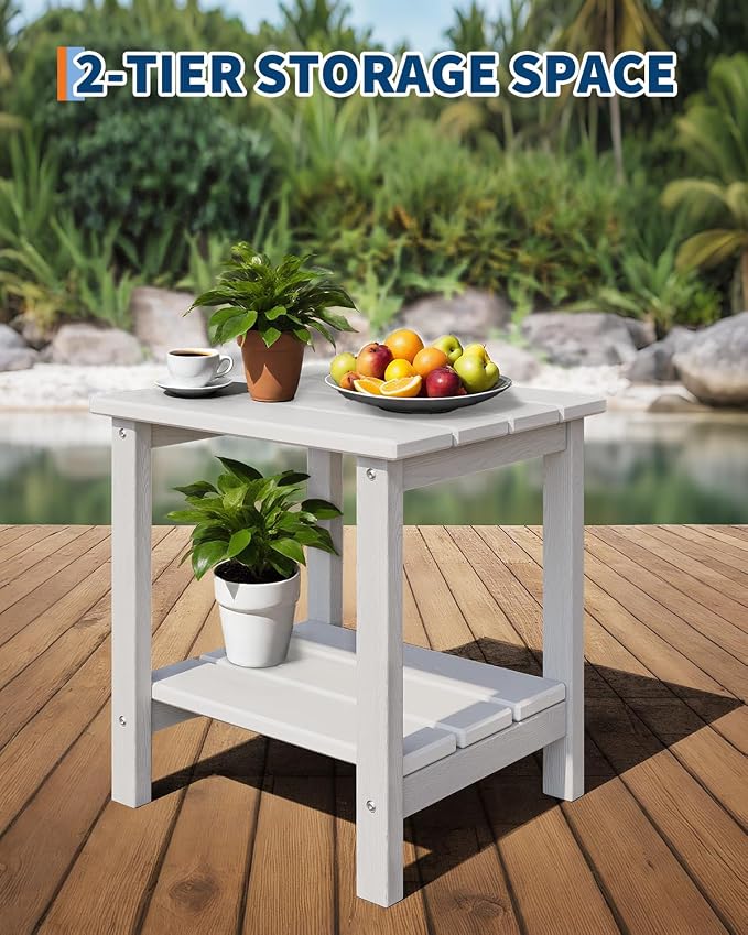 Takywep Adirondack Outdoor Side Table 18 x 15 in, HDPE 2-Tier Patio Side Table, All-Weather End Table for Patio, Pool Deck, Indoor & Backyard, Gray