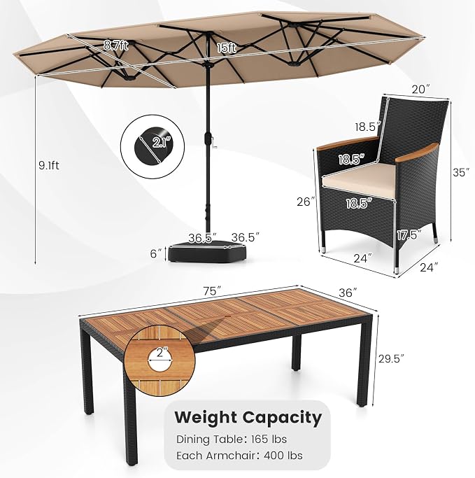 Tangkula 11 Piece Patio Wicker Dining Set w/Double-Sided Patio Umbrella, 8 Stackable Cushioned Chairs, 71" Acacia Wood Dining Table & 15 ft Umbrella with Weighted Base (Coffee+Off White)