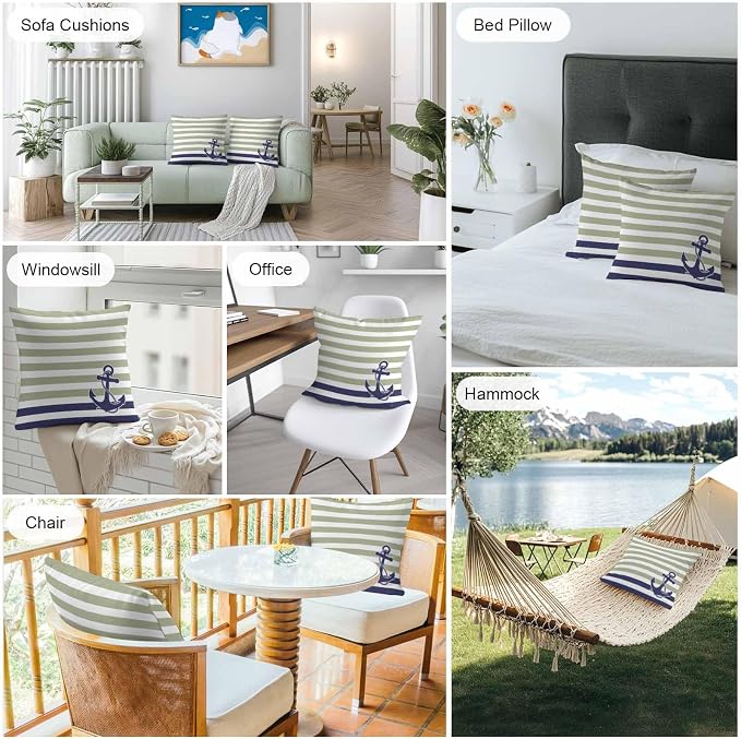Throw Pillow Covers 16x16 Inch Set of 2, Striped Anchor Waterproof Outdoor Cushion Covers, Navy Blue Nautical Sage Green Geometric Decorative Pillowcases for Couch, Sofa, Bed, Garden, Patio
