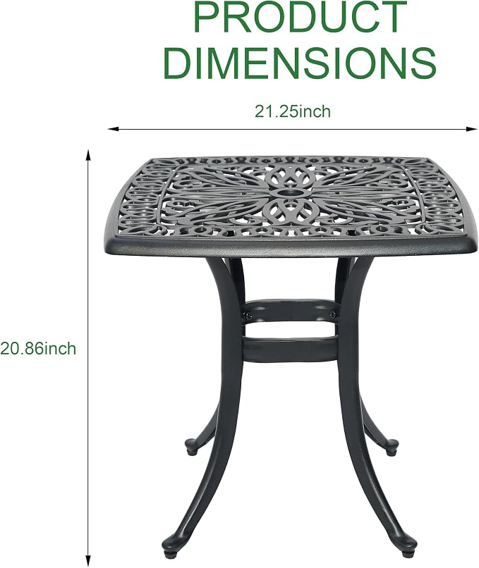 Cast Aluminum Bistro Table, Small Outdoor End Table, Rustproof Weather Resistant Patio Coffee Table, 21Inch Side Table for Indoor Garden Porch Balcony Backyard,Black