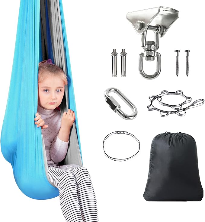 Therapy Swing Hammock Kids Cuddle Sensory Swing Indoor Therapeutic Hammock 360° Rotating Double Layer Elastic Rocking Cloth Swing Gifts for Children with ADHD SPD Asperger Autism (Sky Blue+Grey)