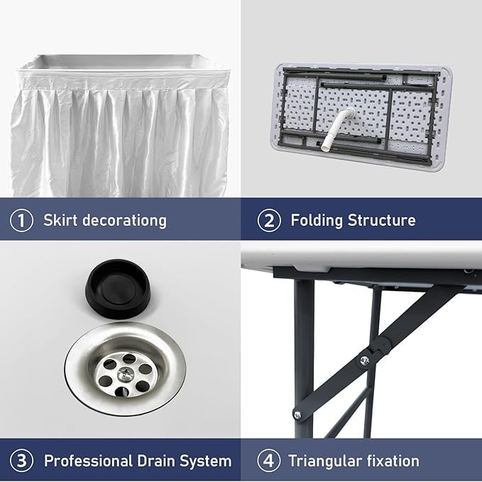 2-Tier Portable Folding Ice Cooler Table, White, with Storage Rack & Drain Hose, Ice Fill Chill Table for Drinks, Food, Camping, Beach, Backyard Parties, Weddings & Events