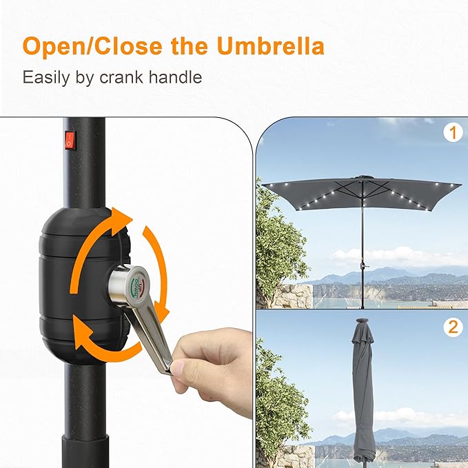 Rectangle Patio Umbrella with Solar Lights, 6x9ft Outdoor Rectangular Table Market Umbrella Patio with Push Button Tilt and Crank for Pool, Deck, Garden,Backyard
