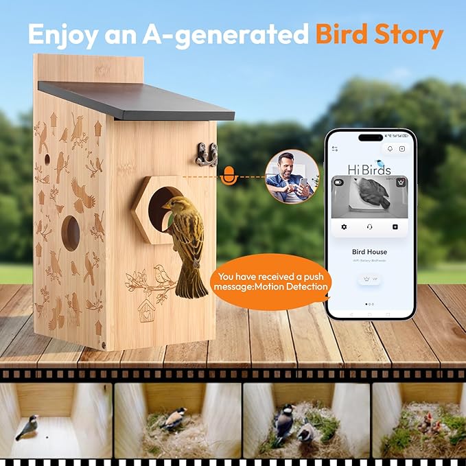 Smart Bird House with Camera – Bamboo Carving Pattern Bird House,IP66 Waterproof, Two-Way Audio, App Control,4MP Full-Color Night Vision,Cloud & SD Storage (Wired Birdhouse)