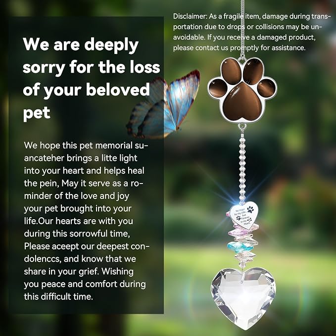 Dog Memorial Gifts, Pet Memorial Suncatcher, Loss of Dog Sympathy Gift | Thoughtful Dogs and Cats Bereavement Remembrance Gifts, Natural Cat's Eye Stone Paw Crystal Suncatcher
