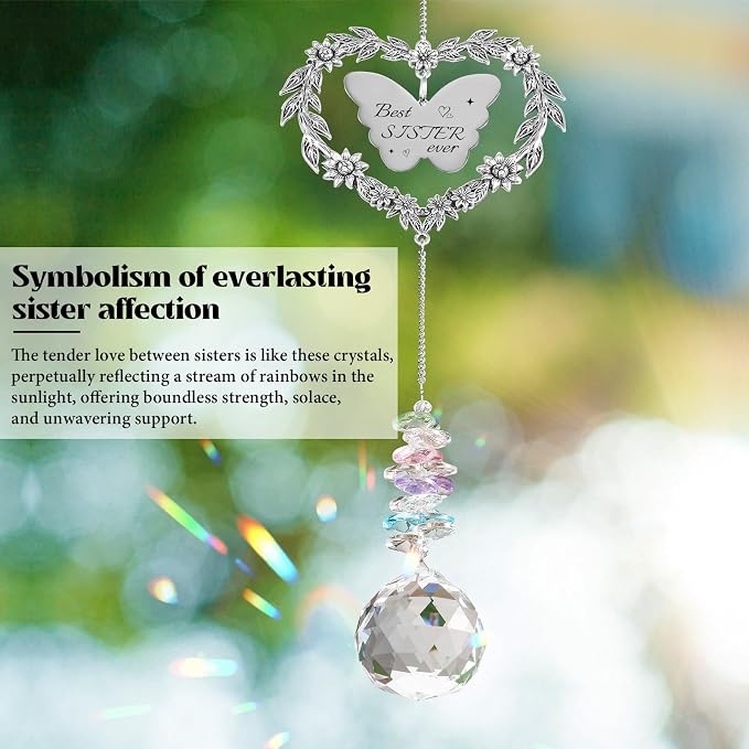 Suncatcher Gift for Sister Birthday, Best Sister Ever Crystal Ornament | Heart-shaped Gift for Big Sister, Unique Long Distance Gifts for Sister Adult, Indoor Window Decoration Sun Catcher