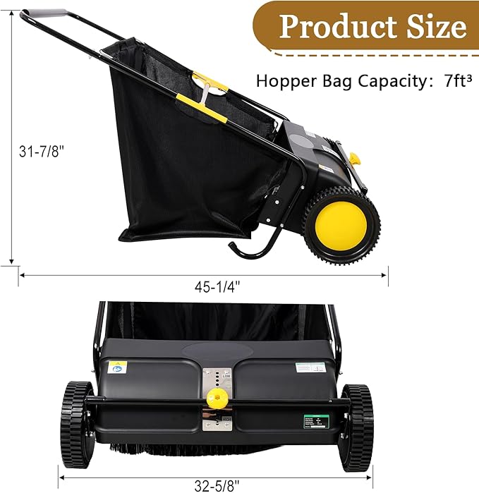 26 Inch Lawn Sweeper Push Hand Powered for Leaves, Grass Clippings & Yard Debris, 4 High-Speed Brushes & Large 7 cu ft Hopper Bag | Adjustable Height, ABS+Steel Frame (26 Inch Black)