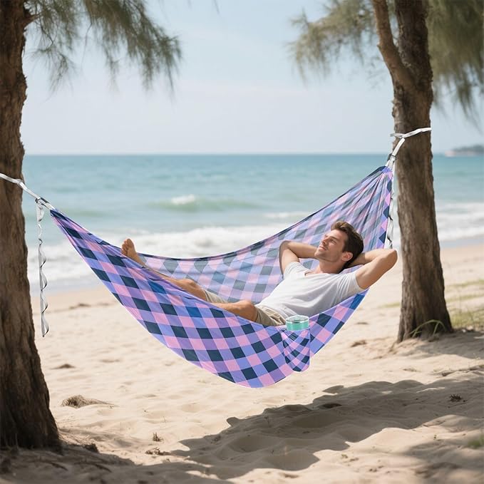 Camping Hammock Outdoor Hammocks for Outside Purple Blue Checkered Beach Trees Portable Lightweight with Pockets Tree Straps Indoor