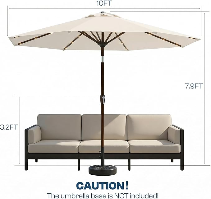 10FT Solar Patio Umbrella with Lights, Outdoor Table Market Umbrella with 32 LED Lights, 8 Sturdy Ribs, Push Button Tilt and Crank for Pool, Deck and Garden, UV-Resistant