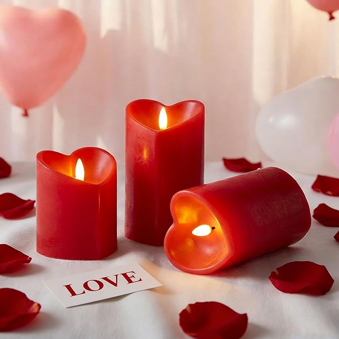 Valentines Day Flameless Candles with Remote, Heart Shaped Candles Battery Operated 3 Pack Red LED Pillar Candles for Wedding Proposal Anniversary Romantic Night