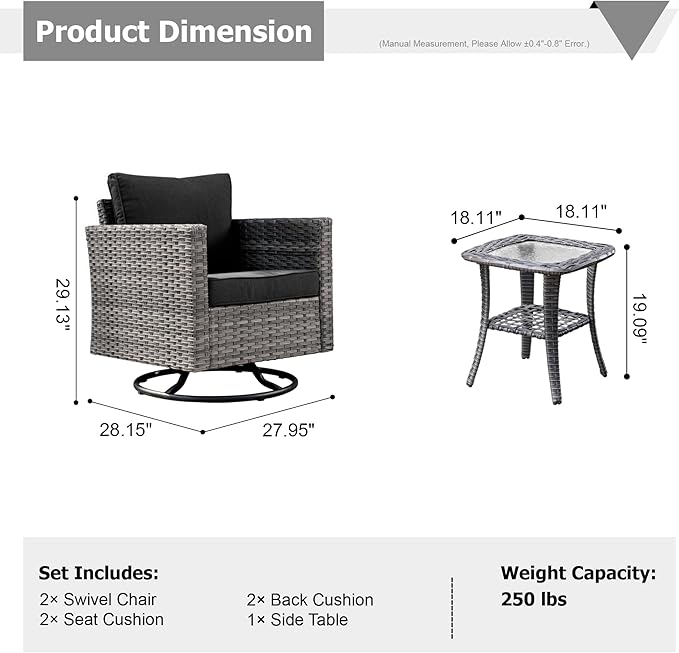 HOOOWOOO Wicker Outdoor Swivel Bistro Set for 2,3 Piece Patio Rocking Chairs and Table,All Weather Resistant Outside Out Door Rattan Rockers Furniture Set,Black