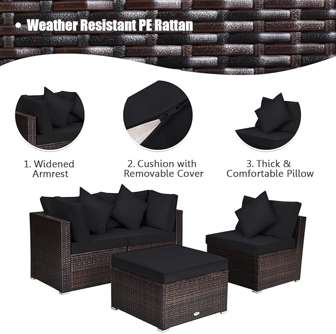 HAPPYGRILL 4-Piece Patio Conversation Set Outdoor Wicker Sofa Set, Modern Sectional Couch Set with Washable Cushions & Pillows, All Weather PE Rattan Patio Furniture Set