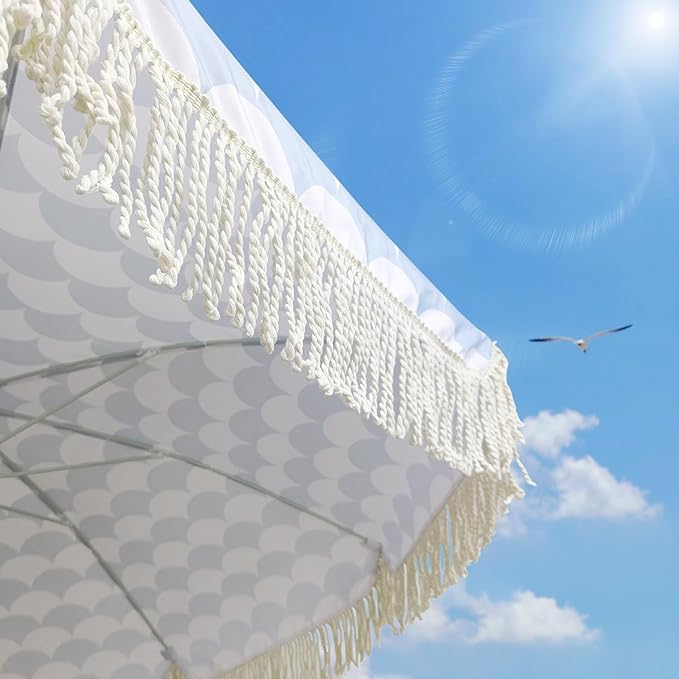 Lefedrasticity Boho Outdoor Umbrella with Tassels,6ft Table Umbrella Outdoor Patio with Knobs Tilt,Wind Resistant Portable Beach Umbrella UPF50+ Fringe Umbrellas For Pool Backyard Deck Garden